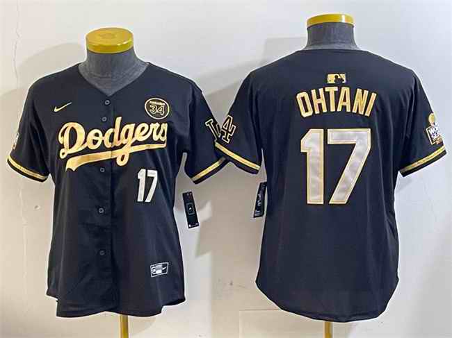 Women's Los Angeles Dodgers #17 Shohei Ohtani Black/Gold 2024 World Series With Fernando Memorial Patch Limited Stitched Baseball Jersey(Run Small)