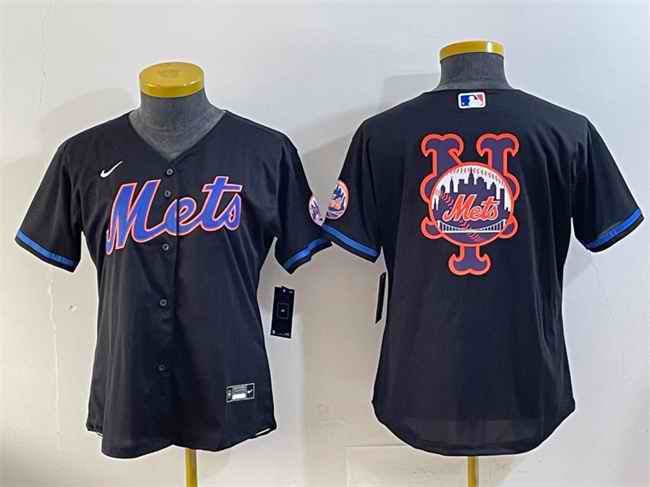 Women's New York Mets Team Big Logo Black Cool Base Stitched Baseball Jersey(Run Small)