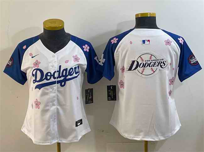 Women's Los Angeles Dodgers Team Big Logo White/Royal 2025 Tokyo Series Limited Stitched Baseball Jersey(Run Small) 002