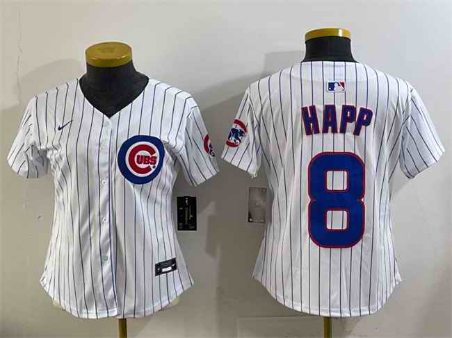 Women's Chicago Cubs #8 Ian Happ White Home Limited Stitched Baseball Jersey(Run Small)