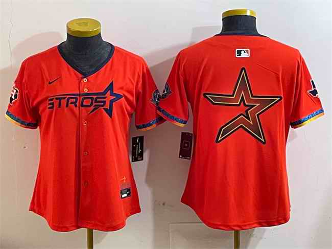 Women's Houston Astros Team Big Logo Orange 2025 City Connect With Texas Patch Limited Stitched Baseball Jersey(Run Small) 003