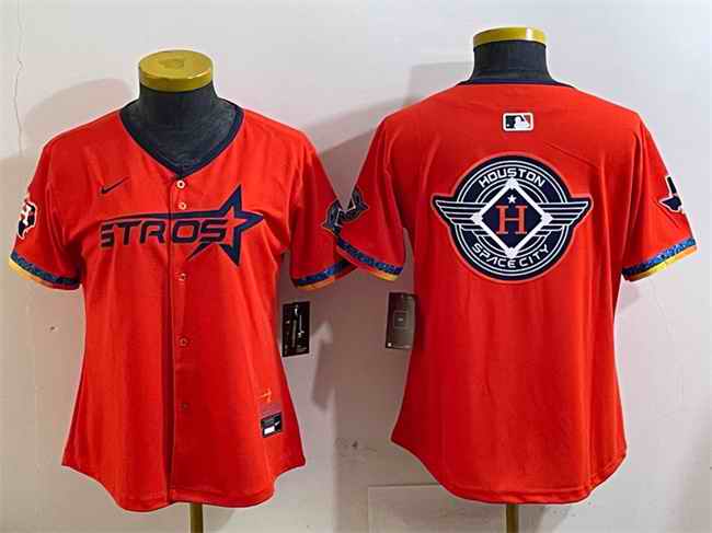 Women's Houston Astros Team Big Logo Orange 2025 City Connect With Texas Patch Limited Stitched Baseball Jersey(Run Small) 001