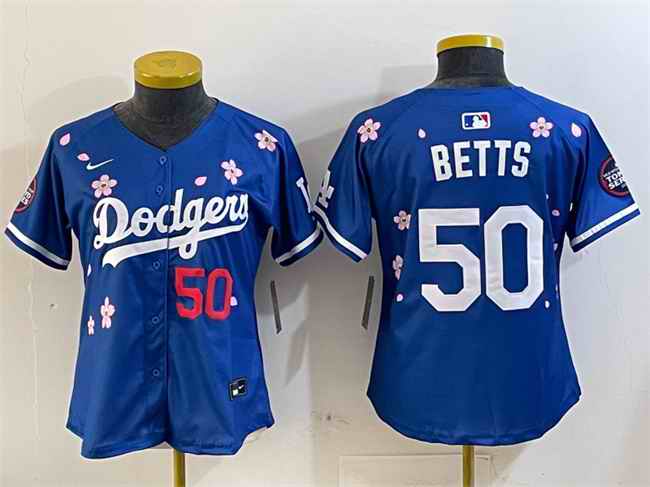 Women's Los Angeles Dodgers #50 Mookie Betts Royal 2025 Tokyo Series Limited Stitched Baseball Jersey(Run Small)