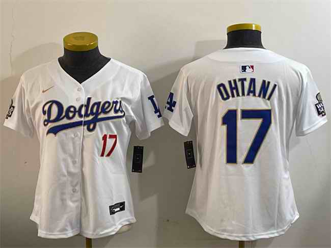 Women's Los Angeles Dodgers #17 Shohei Ohtani White Gold 2024 World Series Home Limited Stitched Baseball Jersey(Run Small)