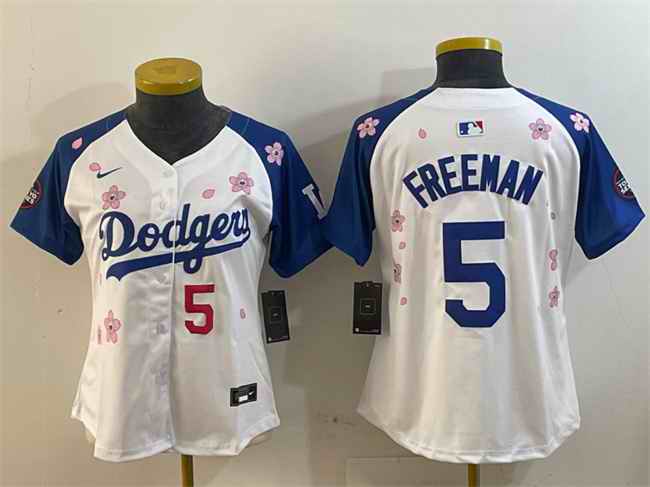 Women's Los Angeles Dodgers #5 Freddie Freeman White/Royal 2025 Tokyo Series Limited Stitched Baseball Jersey(Run Small)