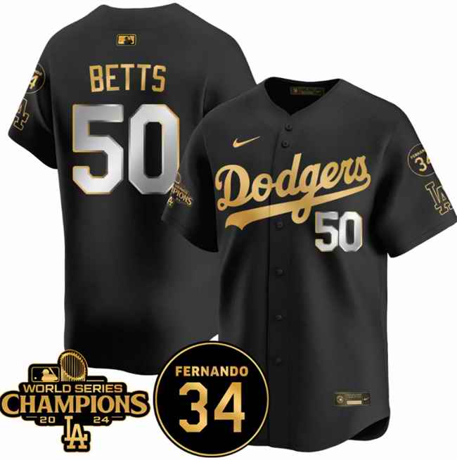 Women's Los Angeles Dodgers #50 Mookie Betts Black/Gold 2024 World Series Champions & Fernando Memorial Patch Vapor Premier Limited Stitched Baseball Jersey(Run Small)