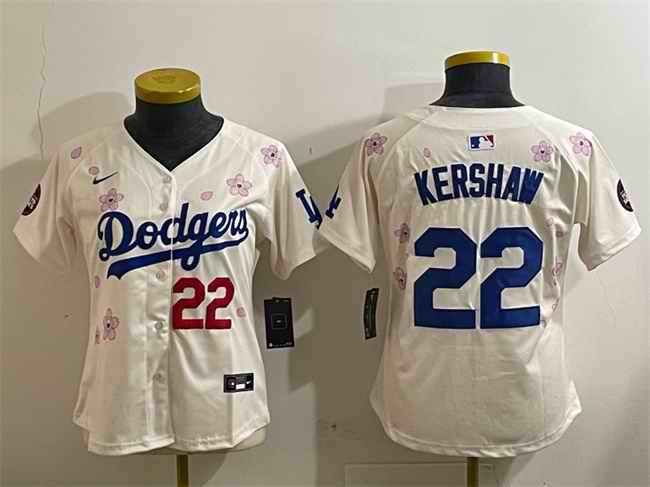 Women's Los Angeles Dodgers #22 Clayton Kershaw Cream 2025 Tokyo Series Limited Stitched Baseball Jersey(Run Small)