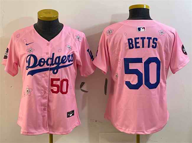 Women's Los Angeles Dodgers #50 Mookie Betts Pink 2025 Tokyo Series Limited Stitched Baseball Jersey(Run Small)