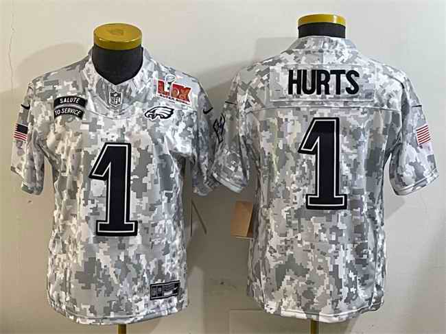 Youth Philadelphia Eagles #1 Jalen Hurts 2025 Super Bowl LIX Patch F.U.S.E Arctic Camo Salute to Service Limited Stitched Football Jersey