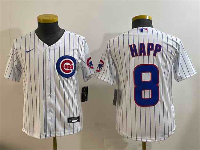 Youth Chicago Cubs #8 Ian Happ White Cool Base Stitched Baseball Jersey