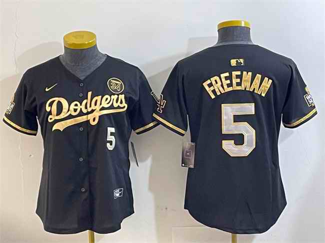 Youth Los Angeles Dodgers #5 Freddie Freeman Black/Gold 2024 World Series With Fernando Memorial Patch Limited Stitched Baseball Jersey