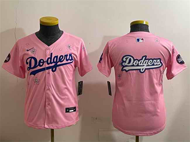 Youth Los Angeles Dodgers Team Big Logo Pink 2025 Tokyo Series Limited Stitched Baseball Jersey