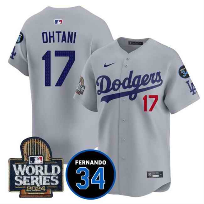 Youth Los Angeles Dodgers #17 Shohei Ohtani Grey 2024 World Series With Fernando Memorial Patch Limited Stitched Baseball Jersey