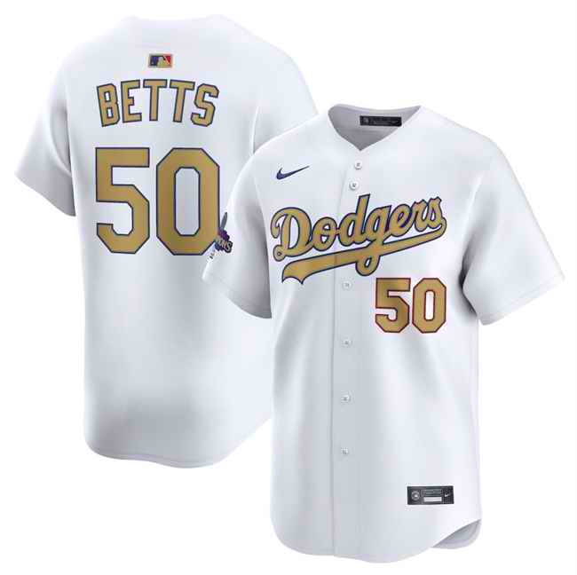 Youth Los Angeles Dodgers #50 Mookie Betts White 2025 Gold Collection Limited Stitched Baseball Jersey