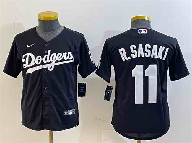 Youth Los Angeles Dodgers #11 Roki Sasaki Black Cool Base Stitched Baseball Jersey