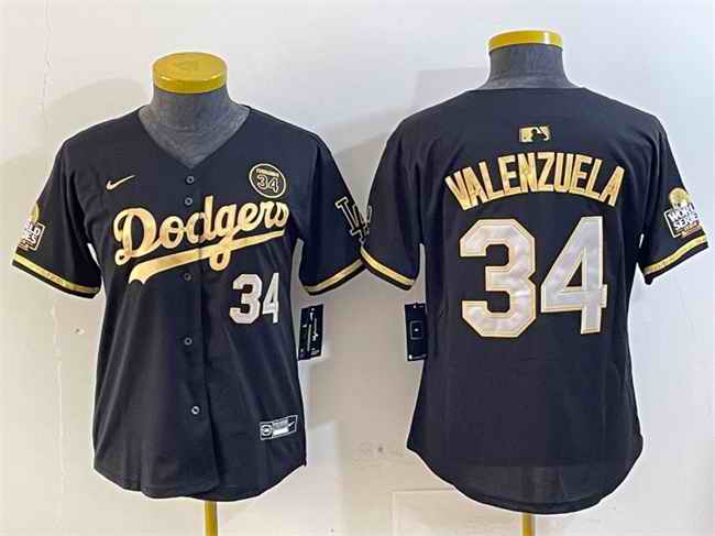 Youth Los Angeles Dodgers #34 Fernando Valenzuela Black/Gold 2024 World Series With Fernando Patch Vapor Limited Stitched Baseball Jersey