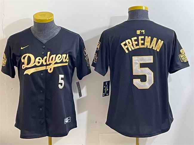 Youth Los Angeles Dodgers #5 Freddie Freeman Black/Gold 2024 World Series With Fernando Memorial Patch Limited Stitched Baseball Jersey