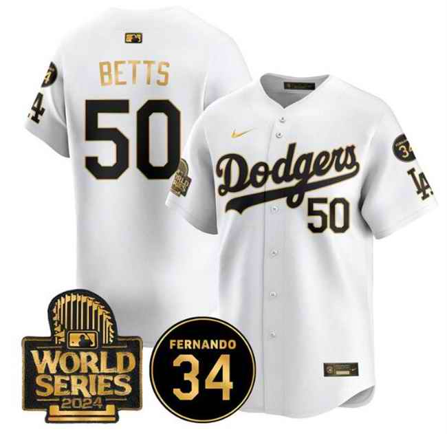 Youth Los Angeles Dodgers #50 Mookie Betts White/Gold 2024 World Series With Fernando Memorial Patch Limited Stitched Baseball Jersey
