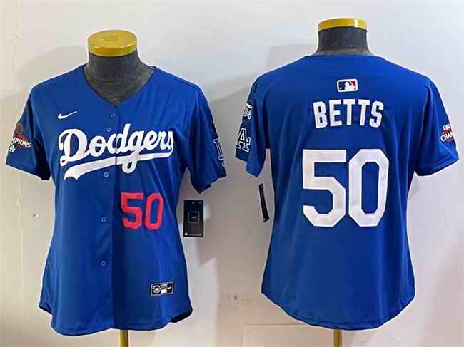 Youth Los Angeles Dodgers #50 Mookie Betts Royal 2024 World Series Champions With Fernando Memorial Patch Alternate Limited Stitched Baseball Jersey