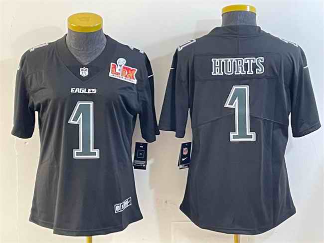 Youth Philadelphia Eagles #1 Jalen Hurts Black 2025 Super Bowl LIX Patch Fashion Vapor Untouchable Limited Stitched Football Jersey