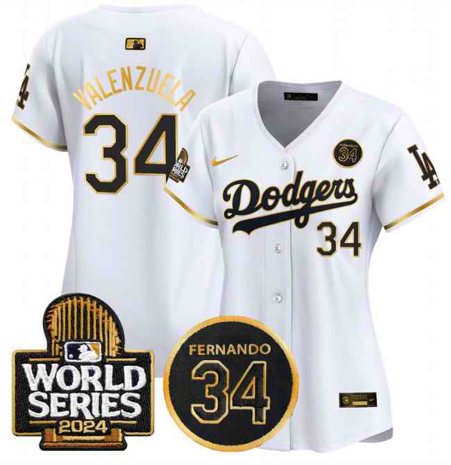 Youth Los Angeles Dodgers #34 Fernando Valenzuela White/Gold 2024 World Series & Fernando Memorial Patch Limited Stitched Baseball Jersey