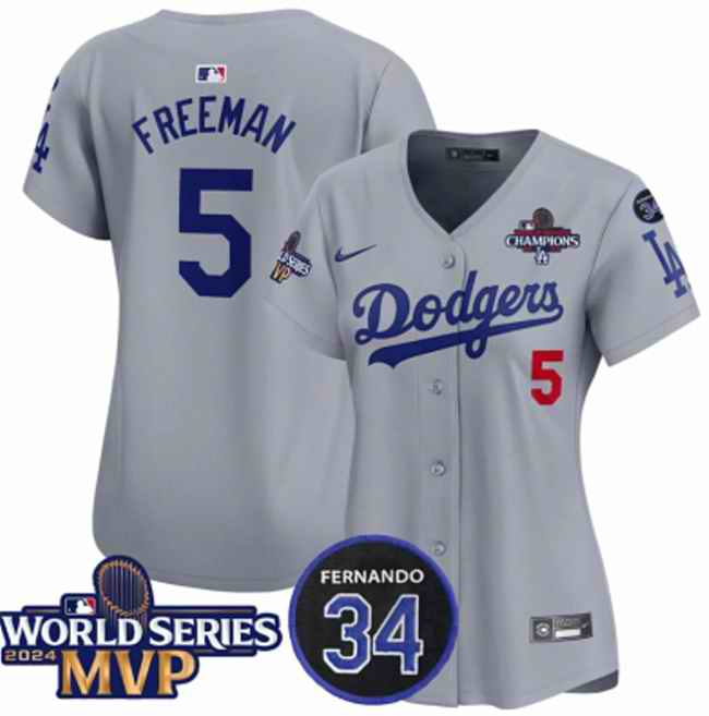 Youth Los Angeles Dodgers #5 Freddie Freeman Grey 2024 World Series MVP & Fernando Memorial Patch Limited Stitched Baseball Jersey