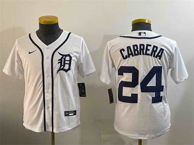 Youth Detroit Tigers #24 Miguel Cabrera White Cool Base Stitched Baseball Jersey