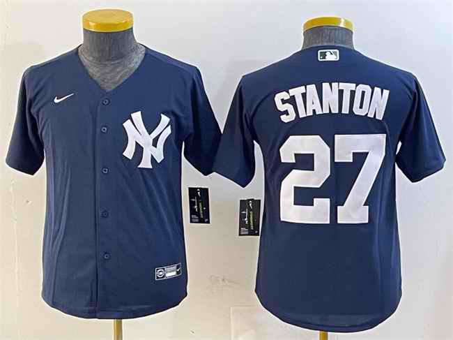 Youth New York Yankees #27 Giancarlo Stanton Navy Cool Base Stitched Baseball Jersey