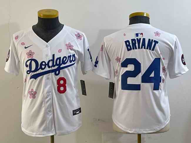 Youth Los Angeles Dodgers Front #8 Back #24 Kobe Bryant White 2025 Tokyo Series Limited Stitched Baseball Jersey
